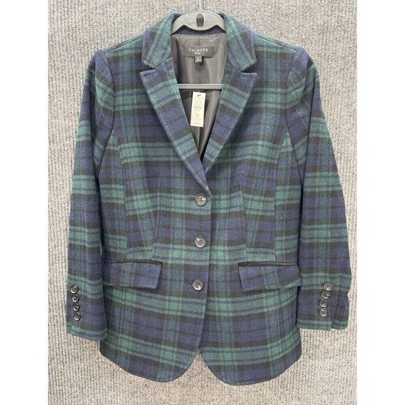 Talbots Jackets & Blazers - Talbots 6P Green Black Watch Tartan Plaid Long Wool Blend Blazer Jacket NEW
